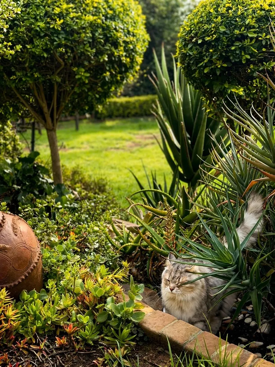 Cat exploring between the aloes