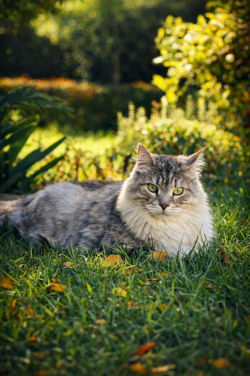 Cat lying in golden grass