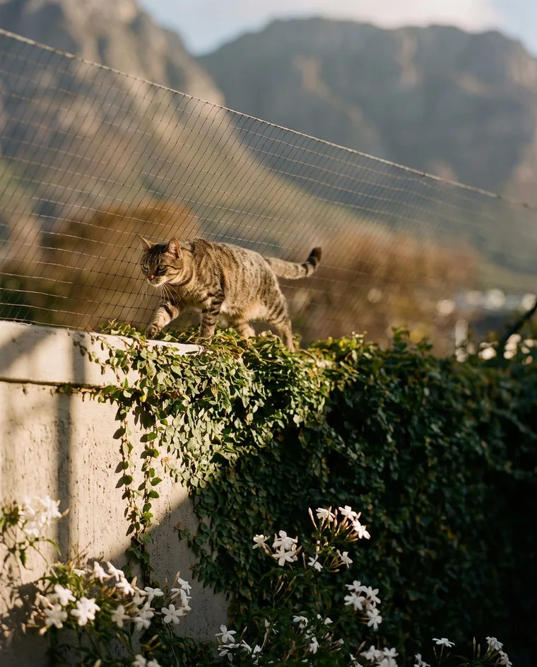 Cat walking along a garden wall with discreet containment above it